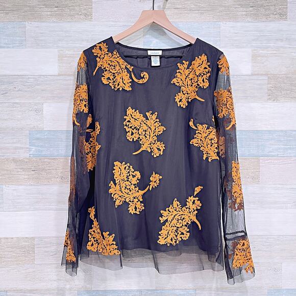 SUNDANCE Sheer Floral Embroidered Top Black Brown Tulle Beaded Boho Womens Large - Picture 2 of 8